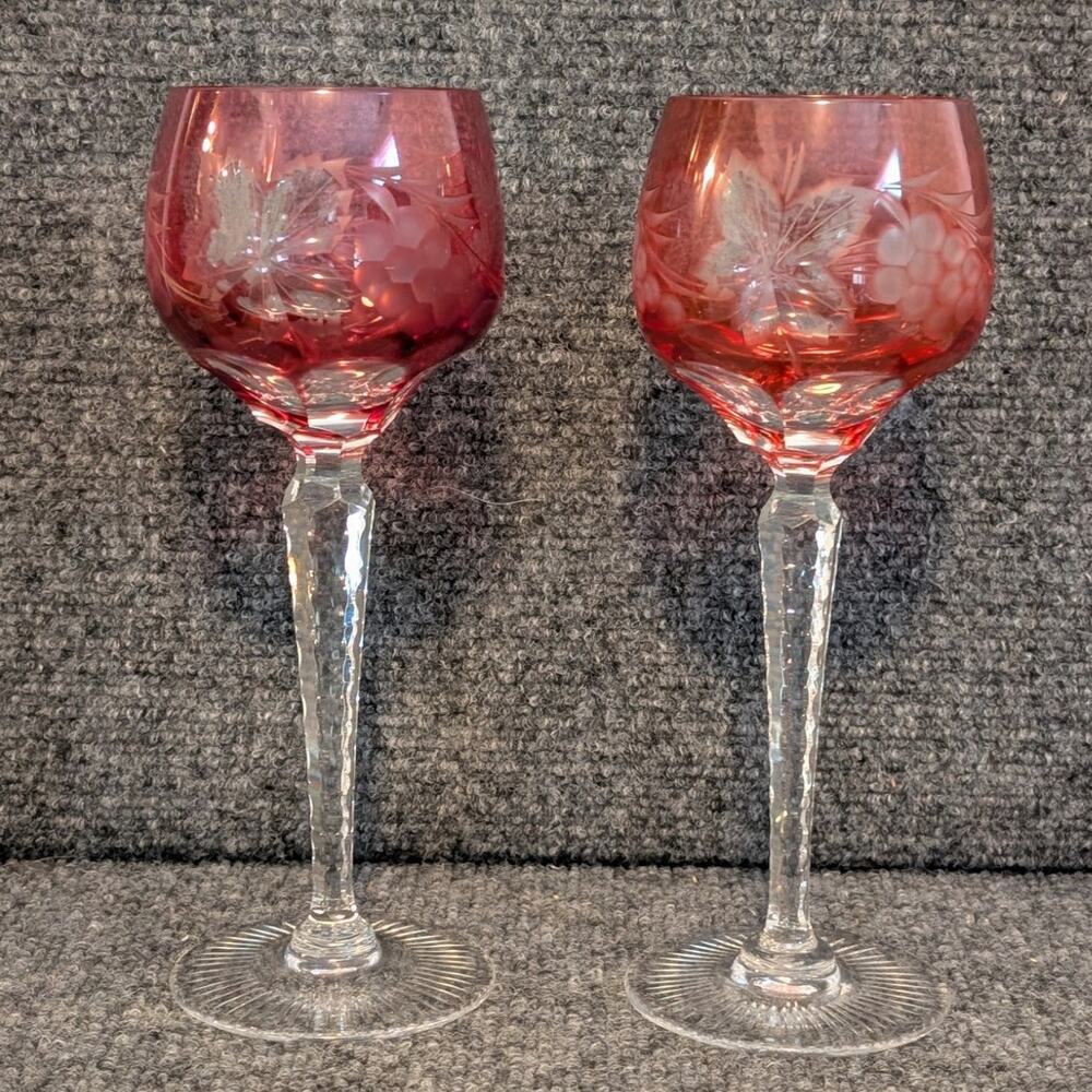 Vtg Two Czech Bohemian Red Cut to Clear Crystal Grapes Design Wine Stem Goblets
